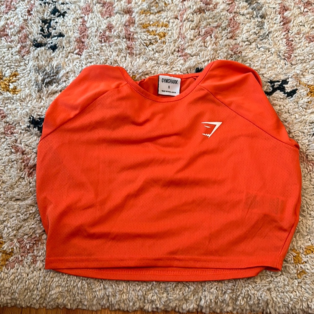 Gym shark long sleeve cropped orange shirt, new/never worn (tags are off) small